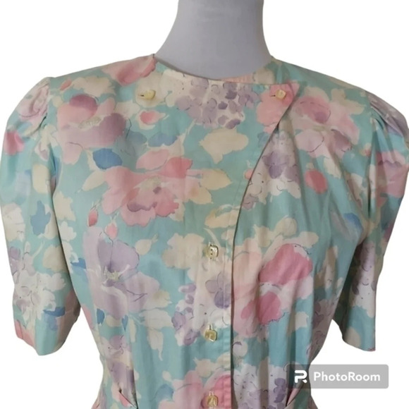 Vtg 80s Lili Richard's Aqua Lavendar Pink Floral Button Down Floral Dress - Picture 4 of 16
